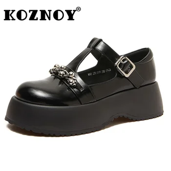 Koznoy/ Летни Удобни обувки от лакирана естествена кожа с катарама 6 см в стил Мери Джейн в римски стил с кръгла пръсти в стил Лолита В опрятном Стил; Дамски Обувки на Платформа танкетке