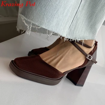 Krazing Pot, лятна обувки от овча велур с квадратни пръсти на висок дебел ток, ежедневни обувки с джапанки на щиколотках, модни дамски обувки-лодка на платформата за нощен клуб