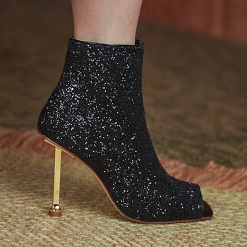 LAIGZEM/ Блестящи дамски обувки с отворени пръсти, със страничен цип, метална висок ток, обувки с високи токчета, Сватбени обувки с пайети, по-Големи Размери 33, 41, 42, 43