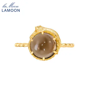 LAMOON Пръстен с естествен опушен кварц и скъпоценния камък за Жените, Сребро Проба 925, злато Vermeil, Изискани бижута, подарък, Винтажное пръстен с хубав котка