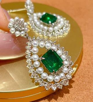 LR GUILD Fine Jewelry 18-каратово злато, зелен изумруд, Скъпоценни камъни 3,68 карата и диаманти, Дамски обеци-капки за жени, изискани обеци