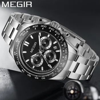 MEGIR мъжки Часовници водоустойчиви с хронограф Военни армейските мъжки часовници Най-добрата марка на луксозни Сребристо Стоманени бизнес мъжки спортни часовници 8104