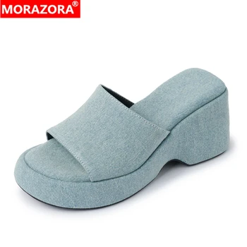 MORAZORA 2023 ZA, НОВИ дънкови дамски чехли от волска кожа, летни обувки на платформа, чехли на висок квадратен ток, дамски обувки на платформа