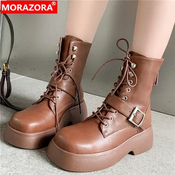 MORAZORA/Новост 2023 г.; Обувки на платформа с цип и дебел Висок Ток; Дамски Обувки от естествена Кожа; Дамски Зимни Обувки до средата на Прасците