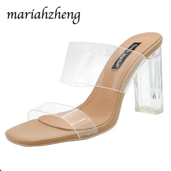 Meriahzheng 9 см, 2020 г., лятна модни дамски обувки на дебелите ток със затворени пръсти, Ежедневни Облекла, дамски Сандали на висок ток с кристали, TWS
