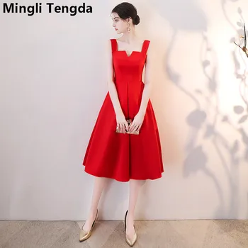 Mingli Tengda/ Червена Рокля на Шаферка с V-образно деколте на спагети презрамки, Елегантен Атласное Рокля, Червен халат почетна дами