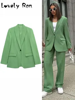 OL Зелен блейзър, костюми за жени, пролет сако на ярки цветове в една пуговице, преки свободни панталони, връхни дрехи за улицата