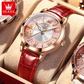 OLEVS висок клас марка 5539 Водоустойчиви дамски ръчни часовници с модерен каишка от естествена кожа за млади момичета, кварцови часовници за жени, светещи