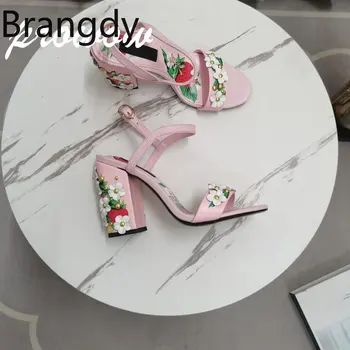 Prowow/ нови дамски обувки на висок ток от естествена кожа, с отворени пръсти и 3D цветя, каишка за щиколотке, Zapatos mujer