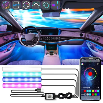 RGB led лампа, околното осветление на купето на автомобила с USB-приложение, Управление на музика, няколко режима на осветление, Декоративна автоматична лампа