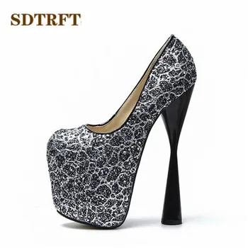 SDTRFT zapatos mujer/златни обувки на висок ток с кръгло бомбе и платформата на тънък ток 20 см; пикантни женски обувки-лодка с пайети; сватбени обувки-лодка US14 15 16