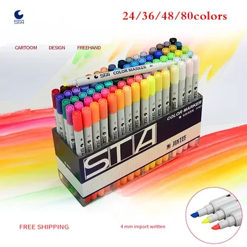 STA 12 24 36 48 80 цвята, комплект маркери химикалки за рисуване с две глави художник, маркери за рисуване на манга, на алкохолна основа, за да проверите за дизайн