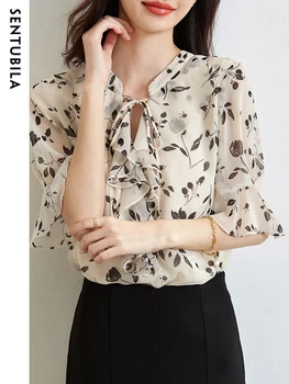 Sentublila Елегантен офис дамски блуза за жени, Мода 2023, Летни директни шифоновые ежедневни пуловери с ръкави-една пеперуда, блузи