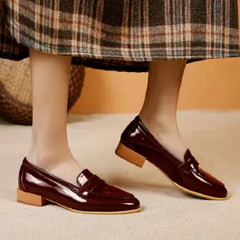 Sianie Tianie/ Шикозни дамски модел обувки-дерби от Лъскава лачена Изкуствена Кожа с кръгла пръсти, Бордо, черен на Цвят, Женски Лоферы На Равна подметка, Големи Размери 47 и 48