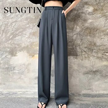 Sungtin Korea Офис женски сако, панталони, дамски ежедневни брючный костюм с висока талия и широки штанинами, преки Свободни панталони, обикновена пролет панталони с копчета