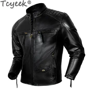 Tcyeek Тънка мотоциклетът яке от естествена кожа за мъже, кратката пролет-есен мъжки дрехи, якета от естествена телешка кожа, ежедневни кожено яке
