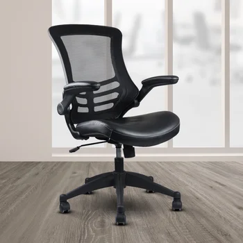 Techni Mobili Стилен офис стол от мрежата със средна облегалка и регулируеми подлакътници \ Черен Черен полиуретан [В наличност в САЩ]