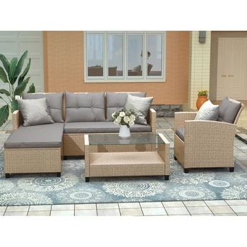 U_STYLE, Комплекти мебели за двор, Определени за разговори от 4 теми, сплетен ротанговый секционни диван с възглавници за сядане