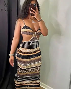 VAZN 2021, ново леопардовое дълга рокля с отворен гръб на тънки спагети презрамки, Европа И Америка, секси коварен Макси рокля с висока талия