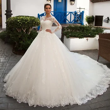 Vestidos De Новия Бална рокля с дълъг ръкав на сватбена рокля 2 в 1 с кръгло деколте, луксозна Сватбена дреха, формован за месец Abito Da Sposa