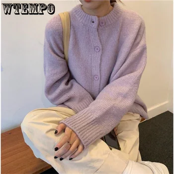 WTEMPO Корейски пуловер Женски жилетка с кръгло деколте в стил колеж, пуловер, однобортное топло палто с дълъг ръкав, ретро трико