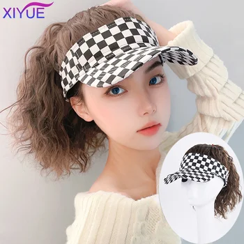 XIYUE Дълги вълнообразни синтетични косми е във формата на шапка, перука от естествена черна коса, естествено свързването на синтетични перука под формата на шапки за момичета