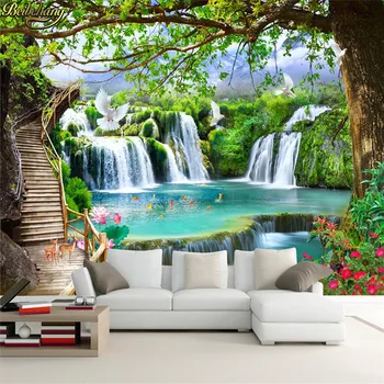 beibehang Потребителски Зелени дървета, гора, водопад, модерни прости 3D фотообои, тапети за хола, фон, стенни покрития