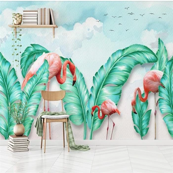 wellyu Северна Европа проста ръчно рисувани тропически листа фламинго ТЕЛЕВИЗИЯ фон стени по поръчка на големи стенни тапети