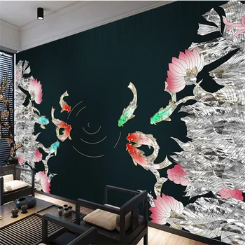wellyu, изработени по поръчка мащабната фреска, нов китайски стил, светъл луксозен цвят на емайла, статуетка девет риби, национален прилив, тапети тапети