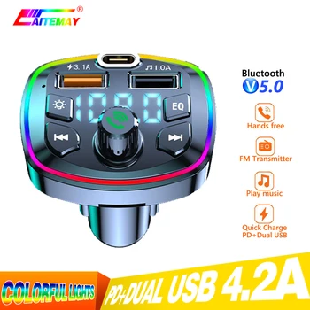 Автомобилен Bluetooth 5,0 FM трансмитер с led подсветка PD 18 W Type-C, Двойно USB 4.2 A, Бързо Зарядно Устройство, с Атмосферно Светлина, MP3 плейър, Музика Без Загуба