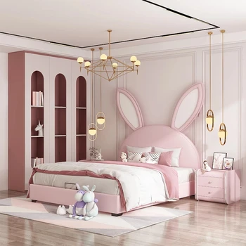 Бебешко легло от естествена кожа за момичета Розово Сладко легло принцеса с анимационни герои 1,5 м за едно легло