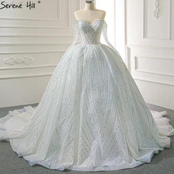 Бели луксозни булчински рокли с отворени рамене 2023, бродирани с мъниста и пайети, сватбени рокли с дълги ръкави HM67131 по поръчка