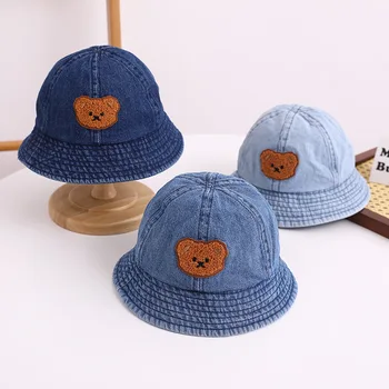 Бродирана шапка с медвежонком за момчета от 1 до 3 години, ковбойская шапка рибар, супер сладка корейската версия, солнцезащитная шапка, панама за момичета, детски шапки