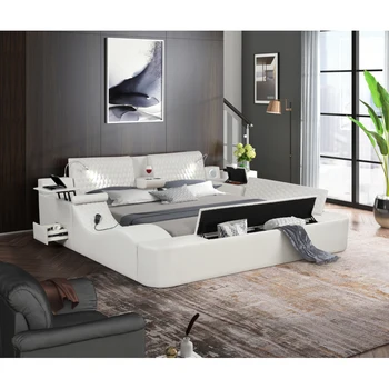 Бяла богат на функции легло от масивно дърво super urban design smart bed с чекмедже за съхранение на king size
