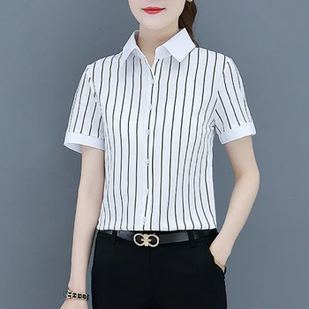 Бяла риза, дамска лятна блуза с къс ръкав и ревери, однотонная раирана блуза с копчета, модерни Елегантни ежедневни блузи големи размери