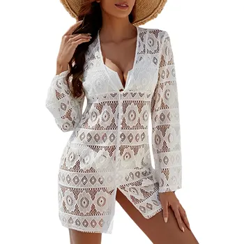 Бяло вязаное на една кука бельо бикини, бельо лятото мини-плажна рокля с V-образно деколте и дълги ръкави в стил бохо, мини-бански, наметало
