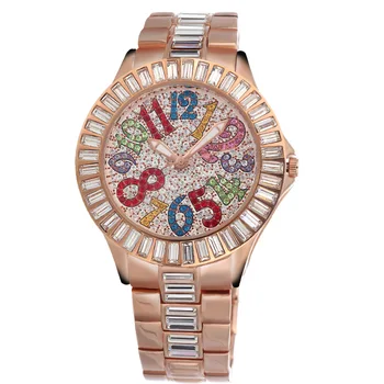 Висококачествени модни дамски часовници, модни дамски часовници, цифрови цветен кристал, голям циферблат, стоманена каишка, часовници с кристали