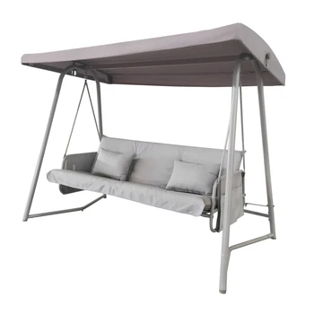 Външен 3-местен метален стол-люлка за двора, легло-люлеещ се стол, с възглавница и регулируем балдахин цвят шампанско