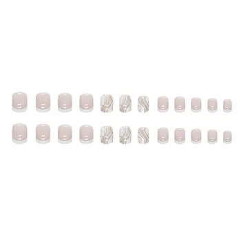 Гланц френч-лак за нокти с бял ръб, нежно-розов изкуствени нокти с вълнообразна линия за ежедневието, всекидневна употреба