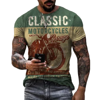 Годишната реколта на мъжки тениски с 3D принтом мотоциклет, модерен уличен тенденция, ежедневни свободна дишаща тениска с кръгло деколте оверсайз