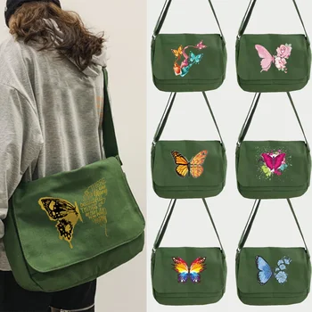 Дамска чанта-месинджър, холщовые чанта през рамо с шарени пеперуди 2023, училищна чанта през рамо, преносима чанта с голям капацитет