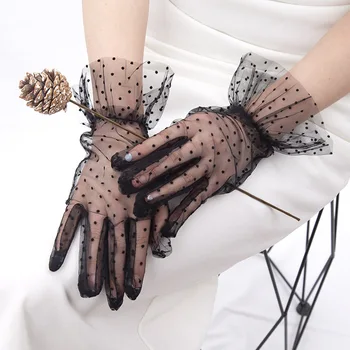 Дамски Черни Секси Прозрачни тюлевые ръкавица на точки, сватбени ръкавици за шаферски рокли, тънки Клубни ръкавици за бала, Танцови аксесоари за рокли