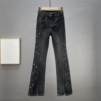 Дамски дънки с висока талия и диаманти, пролет-есен, 2023, женски тънки еластични дънкови панталони, универсални ежедневни дамски панталони пълна дължина