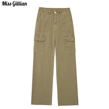 Дамски модни със странични външни джобове, прави панталони-карго, спортни панталони с ципове с висока талия, Дамски панталони, реколта градинска облекло