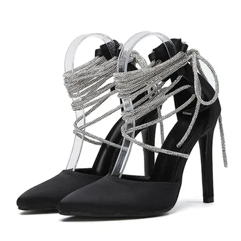 Дамски модни фетишистские сандали на висок ток, тясна лента, лента с катарама, коприна, 11 см, тънък ток, класически, ежедневен есенен дамски обувки, черен