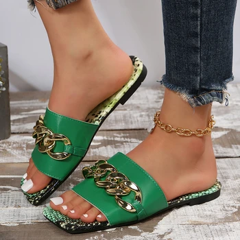 Дамски обувки 2023 г. Дамски чехли на веригата на Летни обувки с змеиным модел Дамски плажни чехли на равна подметка Zapatos De Mujer