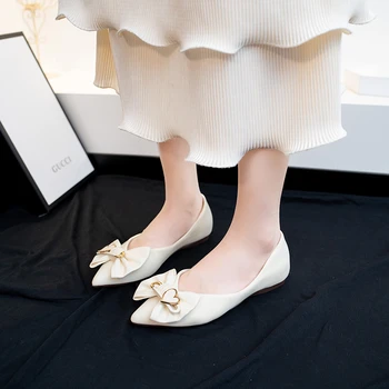 Дамски обувки 2023, женски балет апартаменти на равна подметка с остри пръсти, летни балет апартаменти-боб, женски метални орнаменти с пеперуда и възел, дамски обувки подметка