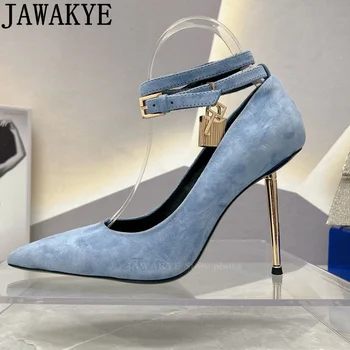 Дамски обувки-гладиатори на висок ток с остър пръсти, каишка за щиколотке, метално окачване, дизайнерски обувки на висок ток, лятна секси луксозна официалната марка обувки