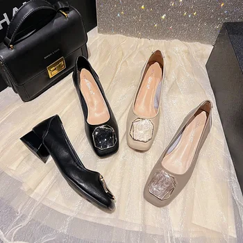 Дамски обувки есен RYAMAG от естествена кожа 2023, ниски обувки на токчета, розови и черни ОБУВКИ-лодки, дамски обувки на висок ток