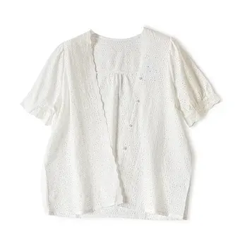 Дамски однобортная тениска с V-образно деколте и бродерия във формата на цвете 2021ss топ с къс ръкав